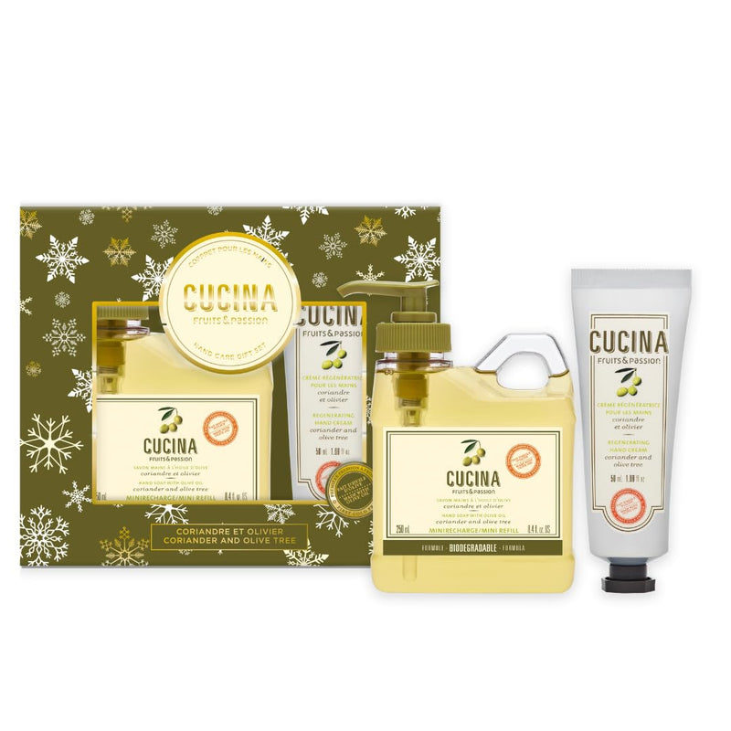 Fruit & Passion Cucina Coriander & Olive Mini Hand Soap Refill (250ml) and Nourishing Hand Cream (50ml) Bundle