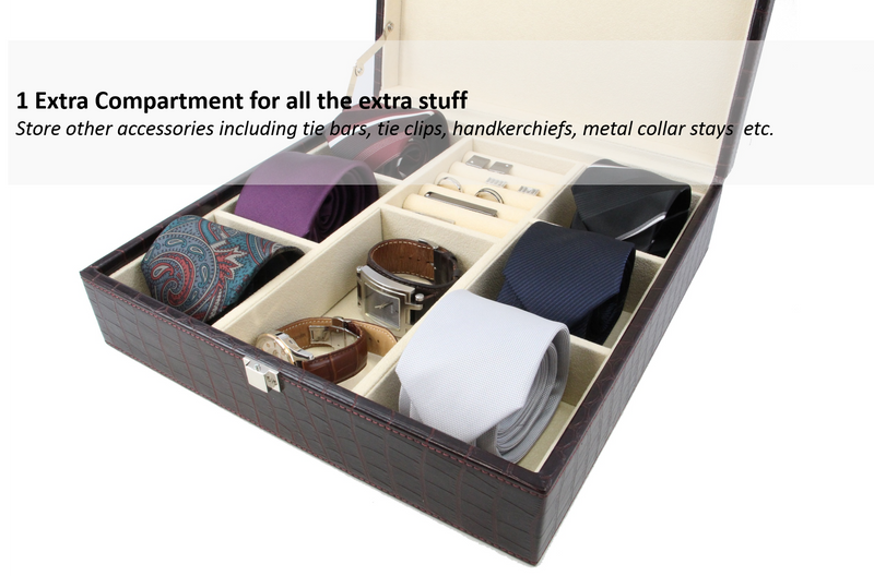 Decorebay Handcrafted PU Crocodile Leather Tie and Cufflink Storage Box for Men