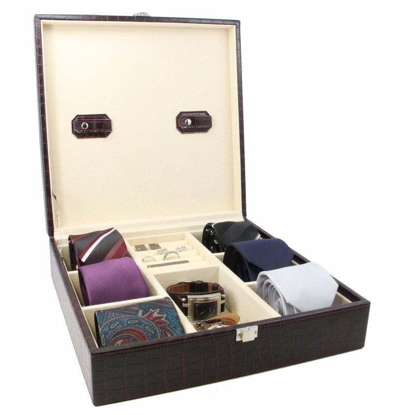 Decorebay Handcrafted PU Crocodile Leather Tie and Cufflink Storage Box for Men - Opened