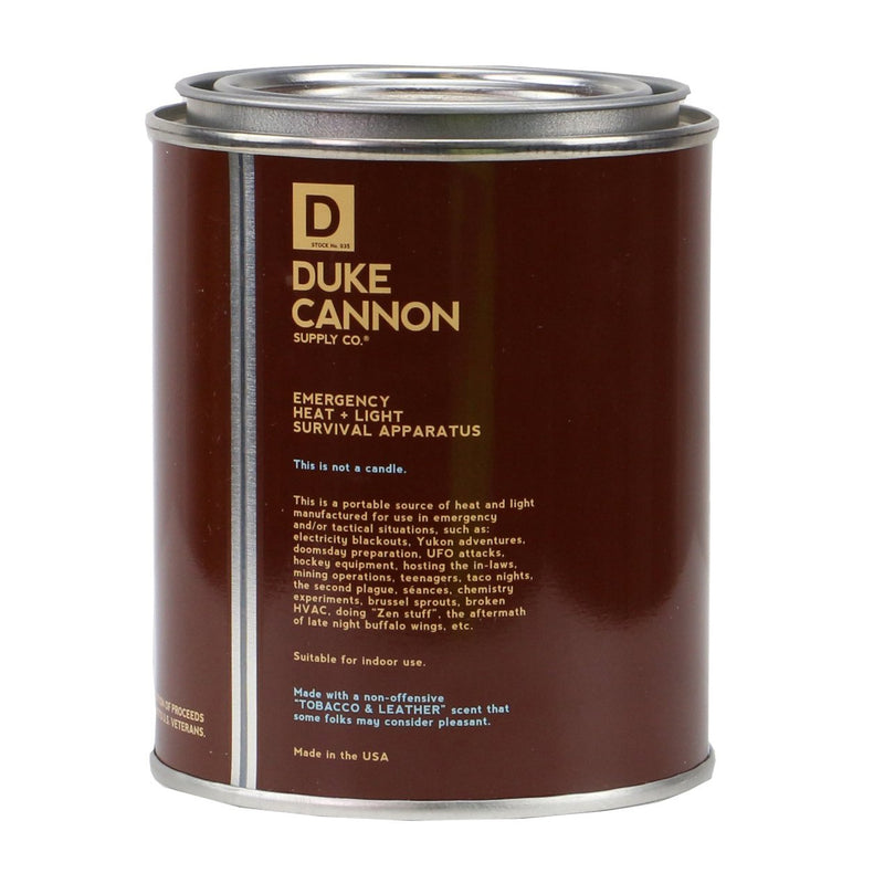 Duke Cannon Heat and Light Emergency Leaf and Leather Candle, 13.5 Ounces-Back Description