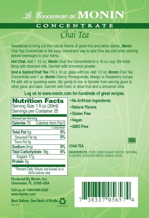Monin Gluten-Free Premium Spiced Chai Tea Gourmet Concentrate Syrup 750ml- Back Description