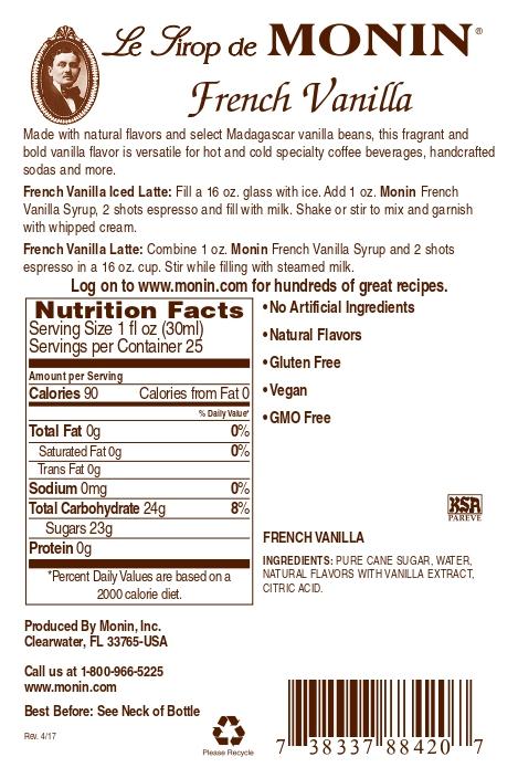 Monin Gluten Free, Vegan Premium French Vanilla Syrup 750ml- Back Description