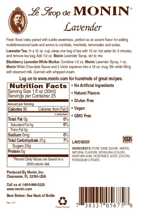 Monin Gluten Free, Vegan, Aromatic and Floral Lavender Syrup 750ml- Back Description