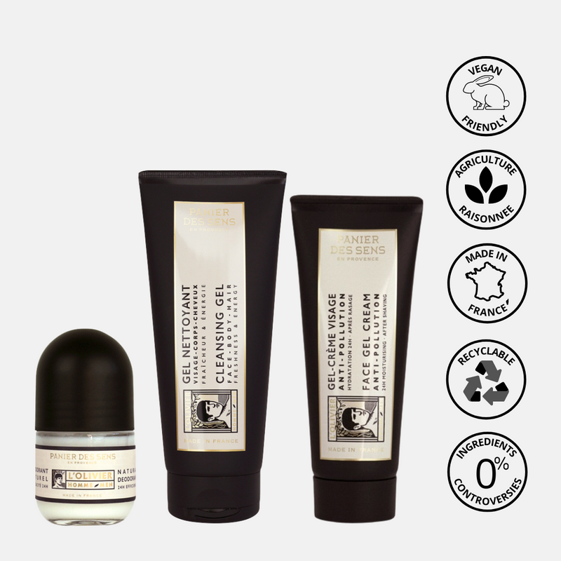 Panier Des Sens L'Olivier Natural Deodorant, Cleansing and Anti-Pollution Facial Gel Cream Bundle