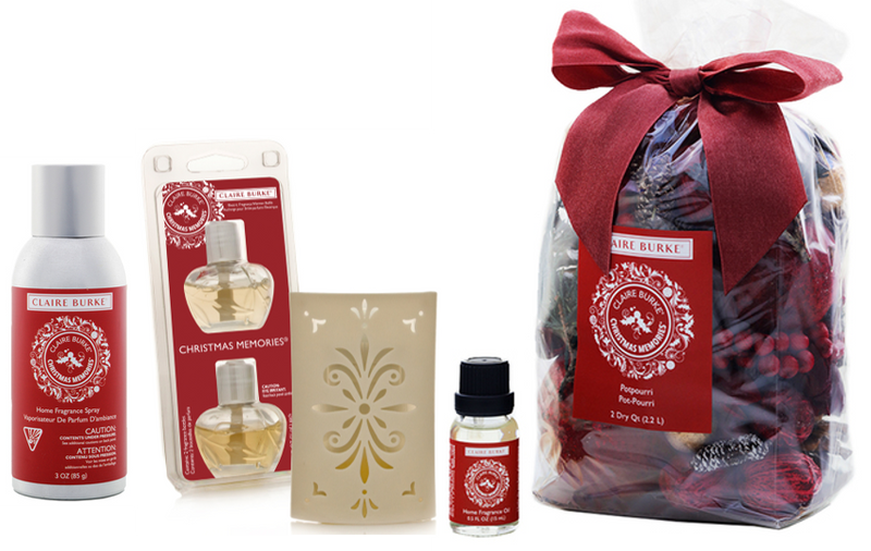 Claire Burke Christmas Memories Holiday Gift Set (Potpourri, Home Fragrance Spray and Oil, Warmer Refill and Unit)