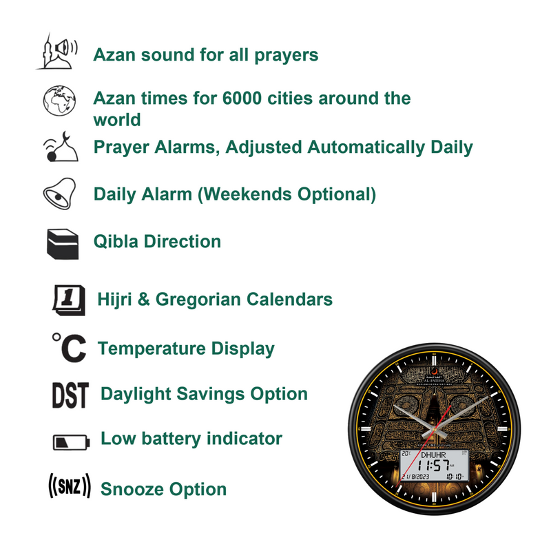 AzanClk Large Round Wall Automatic Athan Kaaba Muslim Prayer Clock for USA and Canada (Jet Black)