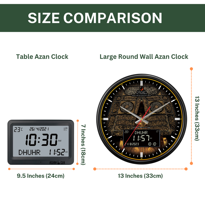 AzanClk Large Round Wall Automatic Athan Kaaba Muslim Prayer Clock for USA and Canada (Black)