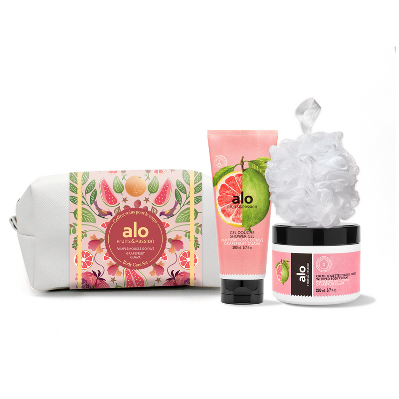Fruits & Passion Alo Grapefruit Guava Body Care Shower Gel (200 ml) Whipped Body Cream (200 ml) a White Shower Puff Holiday Gift Set