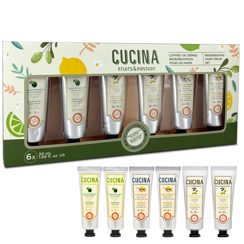 Cucina 6 Pack Regenerating Hand Cream Fruits & Passion Travel Size Set | Coriander Olive Tree | Lime Zest Cypress | Sea Salt Amalfi Lemon