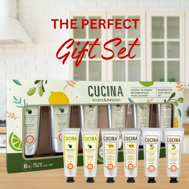 Cucina 6 Pack Regenerating Hand Cream Fruits & Passion Travel Size Set | Coriander Olive Tree | Lime Zest Cypress | Sea Salt Amalfi Lemon