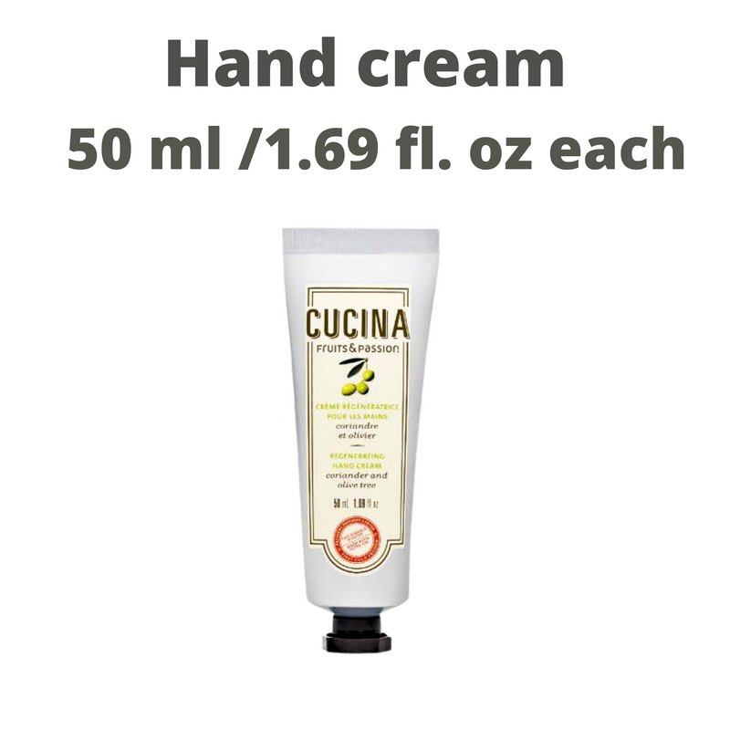 Cucina 6 Pack Regenerating Hand Cream Fruits & Passion Travel Size Set | Coriander Olive Tree | Lime Zest Cypress | Sea Salt Amalfi Lemon