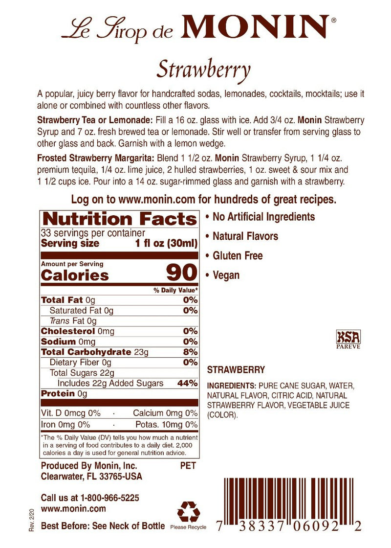 Monin  Gluten-Free, Vegan Premium Gourmet Strawberry Fruit Flavor Syrup 750ml -Back Description