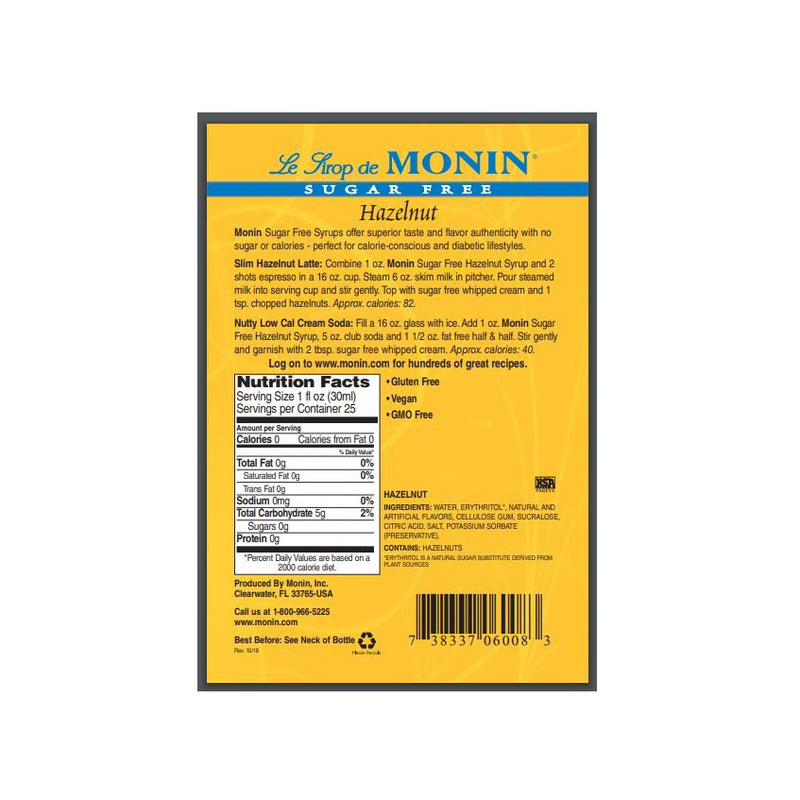 Monin Sugar Free, Vegan Premium Gourmet Hazelnut Syrup 750ml-Back Description