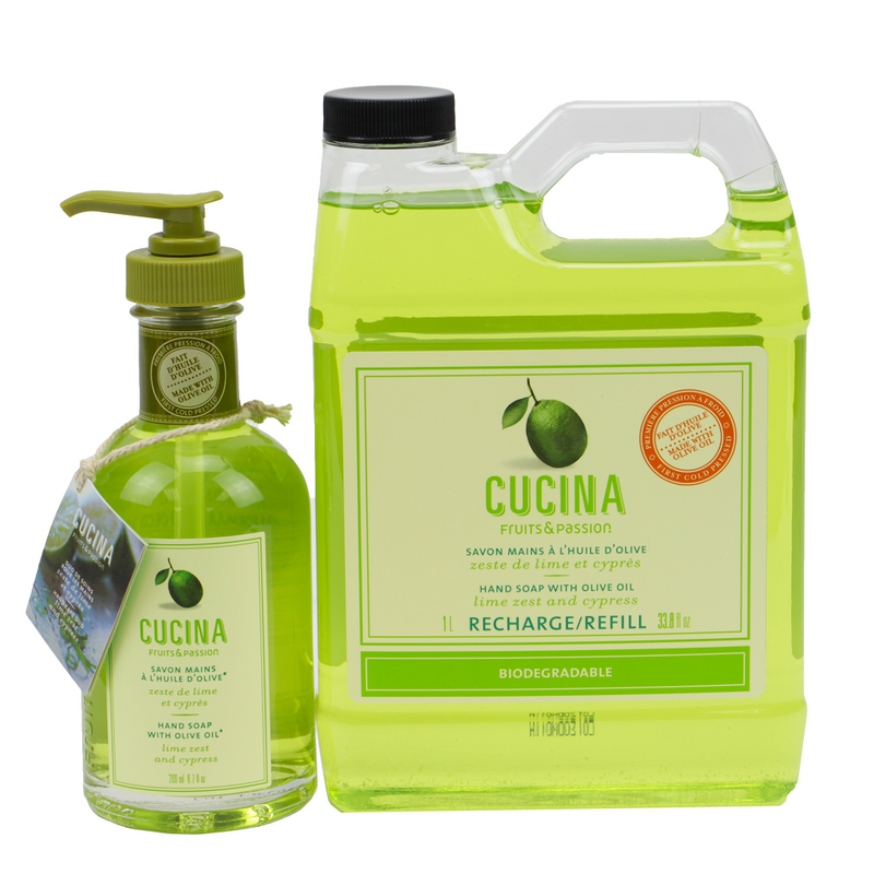 Fruits & Passion Cucina Lime Zest and Cypress Hand Soap 200ml + 1L Refill Set