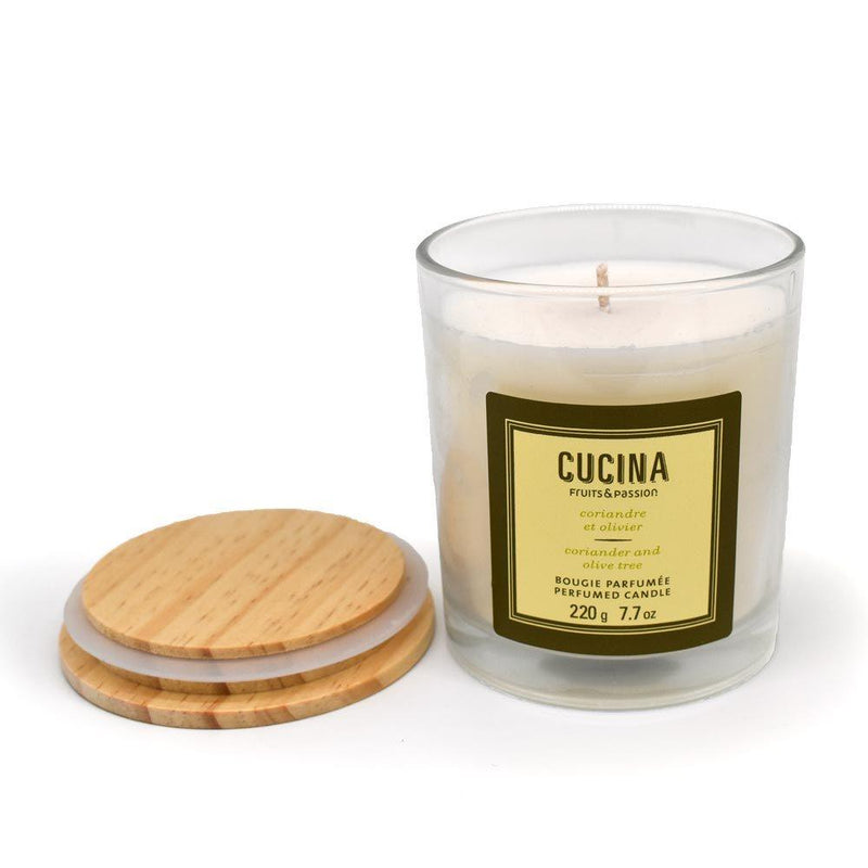 Fruits & Passion Cucina Coriander and Olive Tree Perfumed Plant Based Wax Candle 7.7 Ounces-In Usage