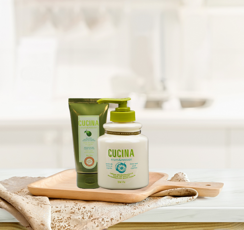 Fruits & Passion Cucina Lime Zest and Cypress Hand Butter and Regenerating Cream Bundle-Front Description
