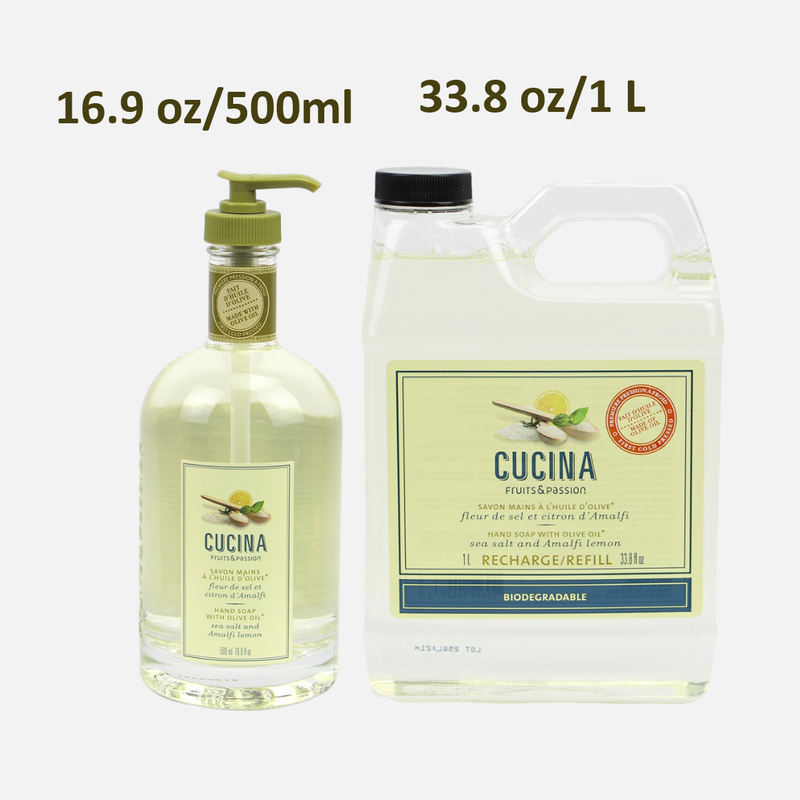 Fruits & Passion Cucina Sea Salt and Amalfi Lemon Hand Soap Bundle (16.9 Ounces + 33.8 Ounces)-Front Description 