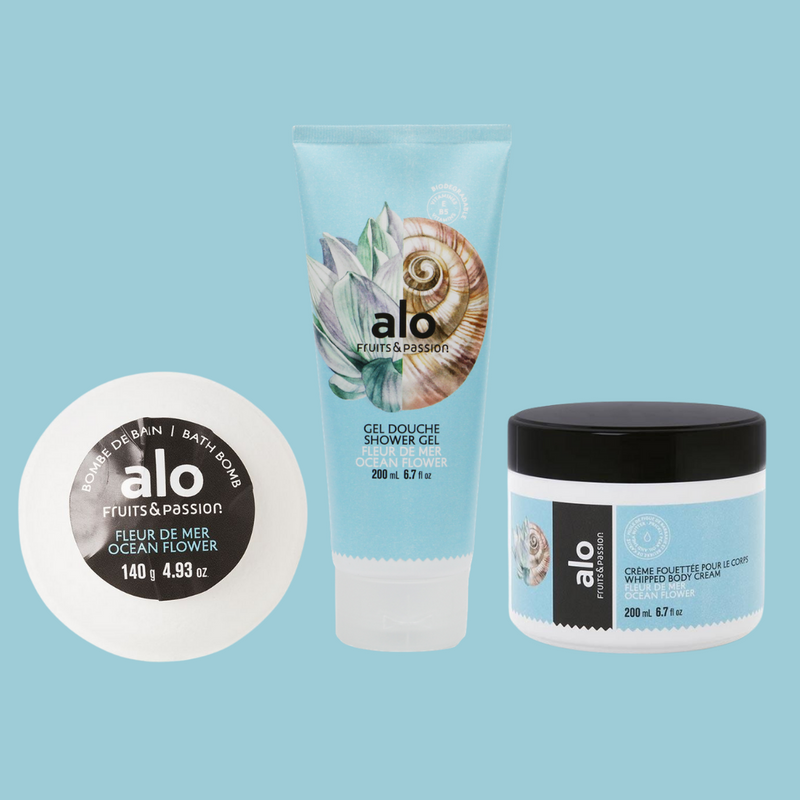 Fruits & Passion Alo Ocean Flower Shower Gel, Body Cream and Bath Bomb Set-Front Description