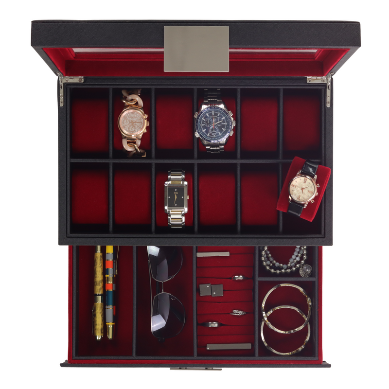 Decorebay 12 Watches Storage and Multi-Purpose Black and Red Leather Jewelry Box (My Darling)