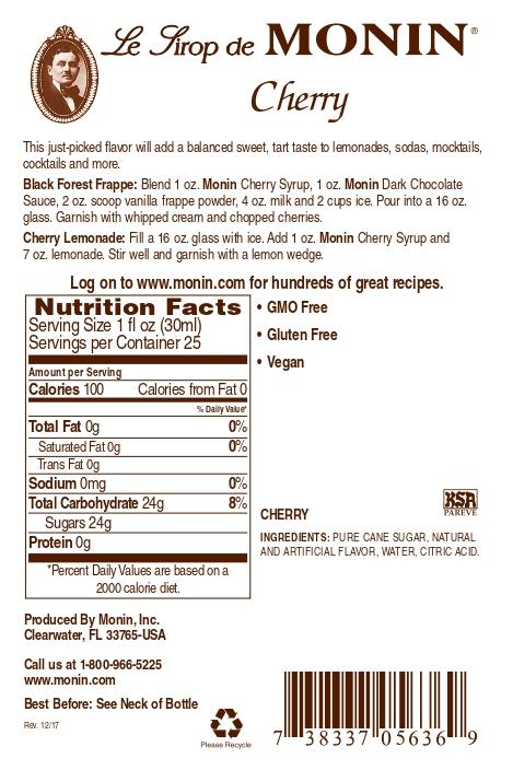 Monin Gluten Free, Vegan Premium Cherry Fruit Syrup 750ml - Back Description