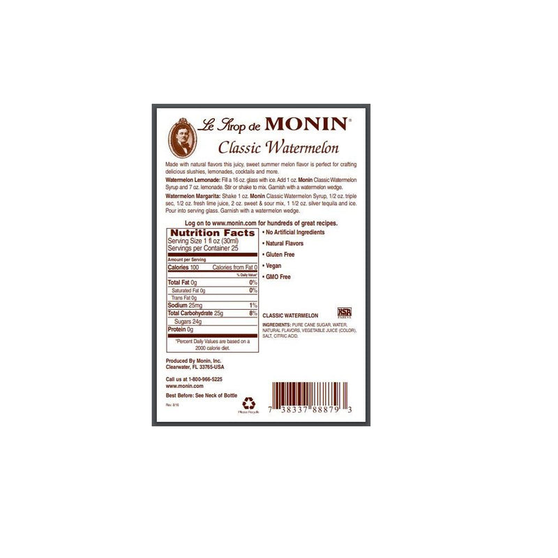 Monin Gluten-Free, Vegan Premium Watermelon Fruit Syrup 750ml- Back Description