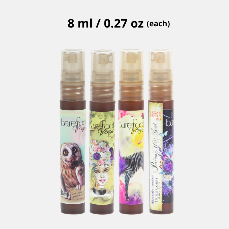 Barefoot Venus Perfume Your Soul 4 pcs Mini 8ml Argan Body Oil Set (Pink Pepper, Lavender Smoke, Black Coconut, Lemon Freckle)