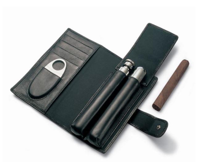 Decorebay Black Leather Cigar Case with Stainless Steel Cigar Cutter and Flask