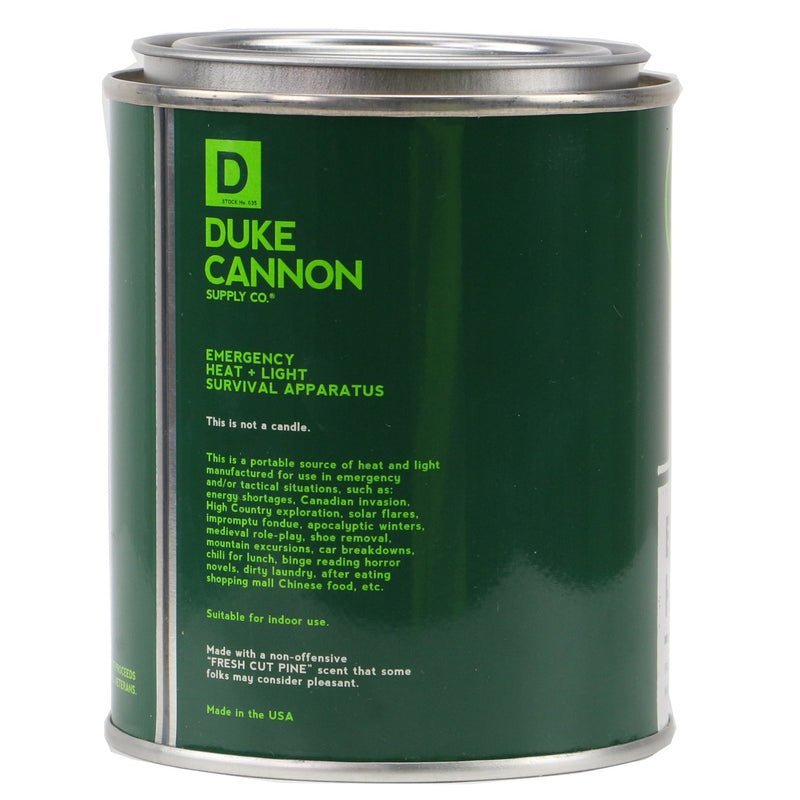 Duke Cannon American Frontier Fresh Cut Pine Emergency Heat & Light Candle 13.5 Ounces-Back Description