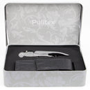 Silver corkscrew and 1 black leather case in a Metal box.