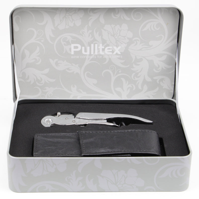 Silver corkscrew and 1 black leather case in a Metal box.