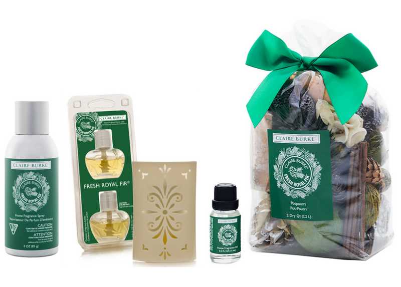 Claire Burke Fresh Royal Fir Holiday Gift Set (Potpourri, Home Fragrance Spray and Oil, Warmer Refill and Unit)